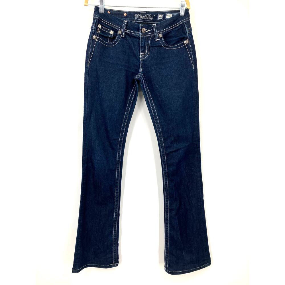 Miss Me Dark Blue Wash Easy Boot Sequin Stretch Flap Pockets Bootcut Jeans Pants